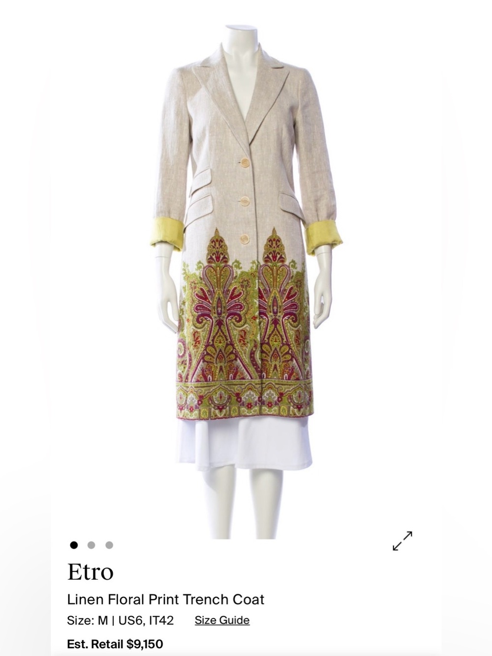 Etro Beige Linen long line coat / blazer  with Pink and Lime Embroidery